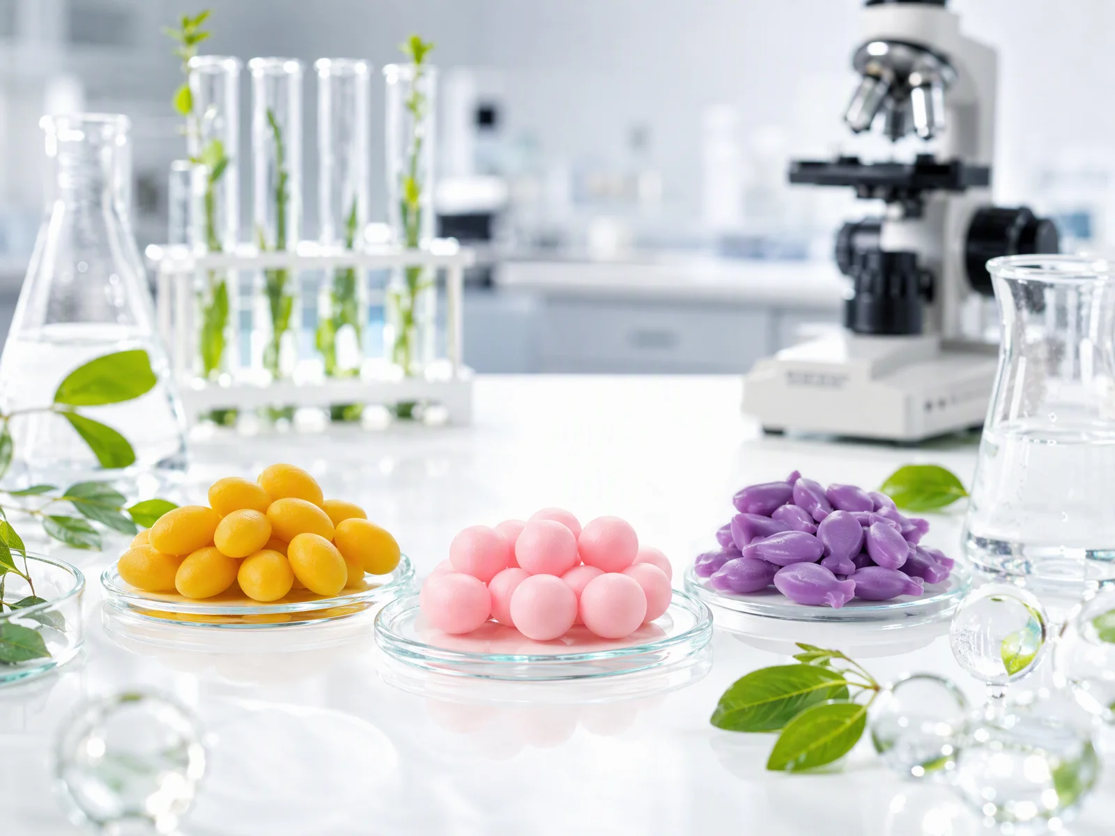 Plant-based softgel products in yellow, pink, and purple displayed on glass dishes